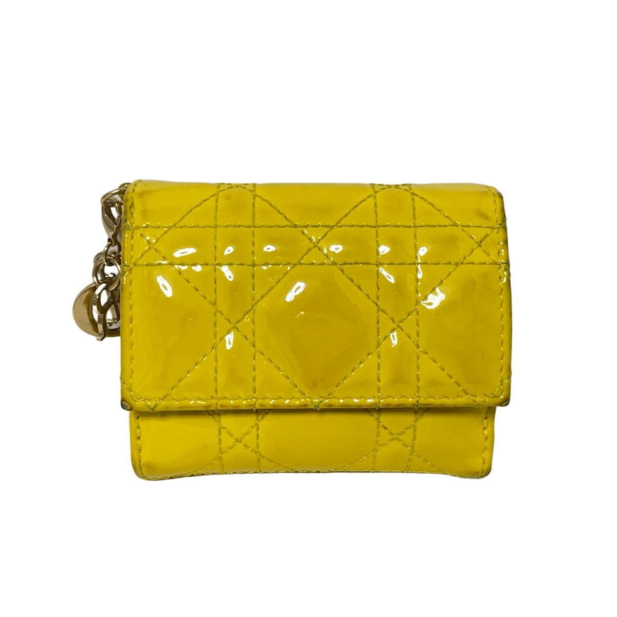 【中古】DIOR/ChristianDior(ディオール/クリスチャンディオール) レディディオール 3つ折り財布 イエロー レザー