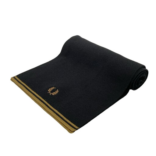 【中古】FRED PERRY(フレッドペリー) マフラー 刺繍 黒×ブラウン コットン、ウール 【中古】FRED PERRY(フレッドペリー) マフラー 刺繍 黒×ブラウン コットン、ウール