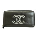 【中古】CHANEL(シャネル) 長財布 ラウンドファスナー 黒×白 ラムスキン
