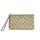 【中古】COACH(コーチ) シグネチャー柄 ポーチ カーキ×アイボリー×ダークブラウン レザー
