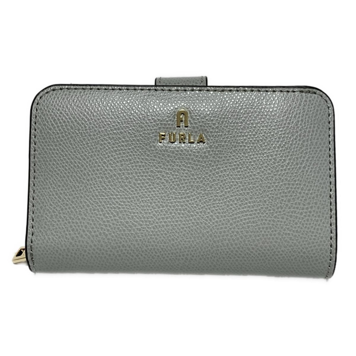 【中古】FURLA(フルラ) カメリア 2つ折り財布 ライトグレー レザー