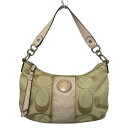 【中古】COACH(コーチ) シグネチャーストライプデミクロスボディ ハンドバッグ ベージュ×ライトブラウン×ライトピンク レザー