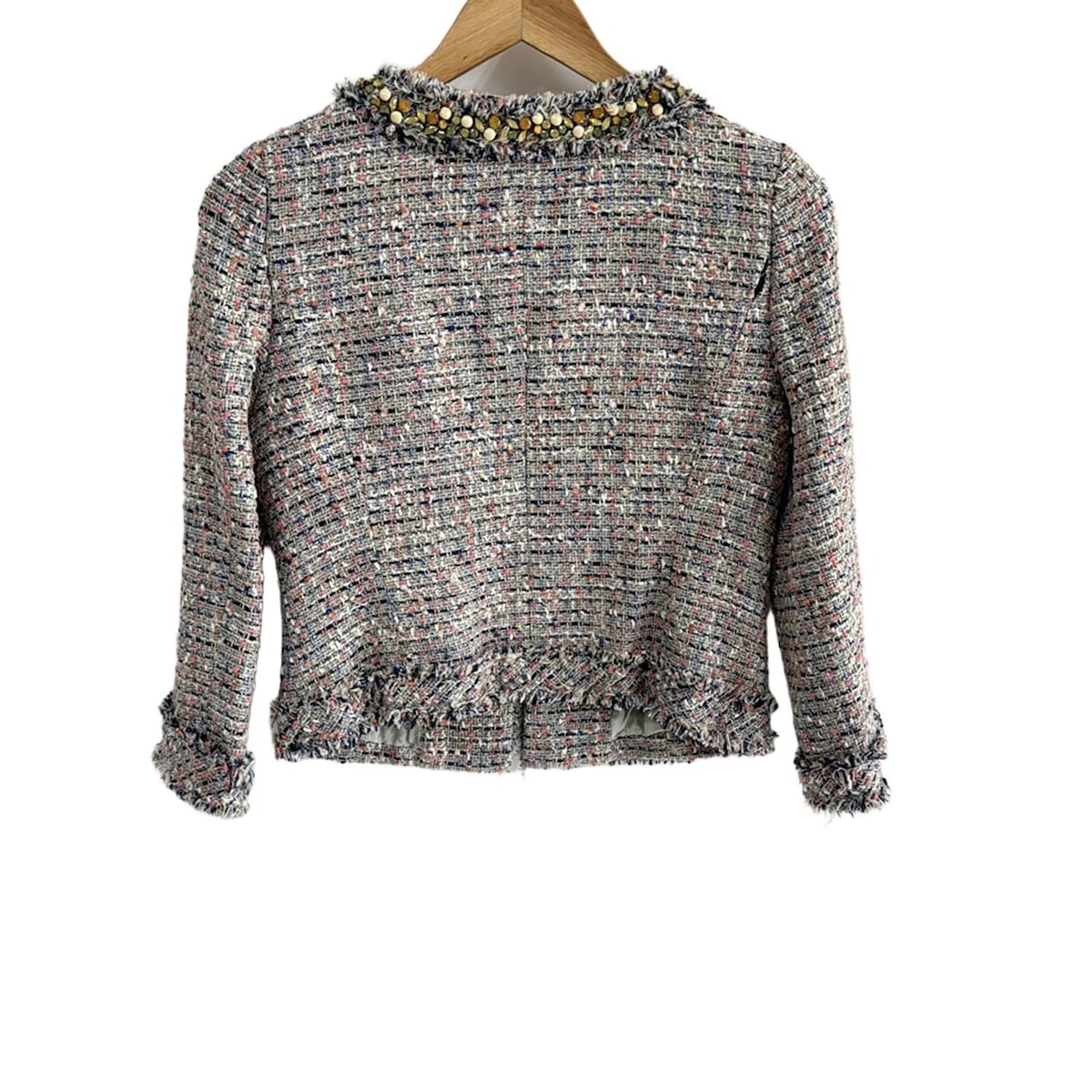 【中古】GRACE CONTINENTAL(グレースコンチネンタル) ジャケット 長袖/ツイード/ラインストーン/ラメ/オールシーズン 白×ネイビー×マルチ