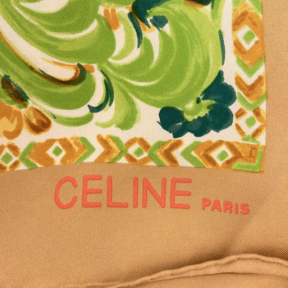 【中古】CELINE(セリーヌ) スカーフ 花柄 ライトグリーン×ベージュ×マルチ