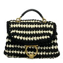 【中古】FERRAGAMO/SalvatoreFerragamo(サルバトーレフェラガモ) ガンチーニ ハンドバッグ ボーダー/編み込み 黒×アイボリー レザー