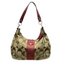 【中古】COACH(コーチ) シグネチャーストライプコンバーチブルホーボー ショルダーバッグ カーキ×ボルドー レザー