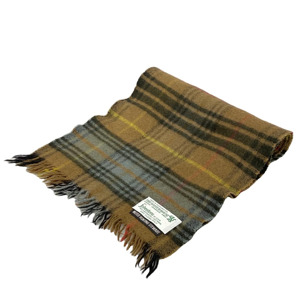 【中古】johnstons of elgin(ジョンストンズ) マフラー チェック柄/THE SCOTCH HOUSEコラボ ブラウン×ライトブルー×マルチ ウール、カシミヤ