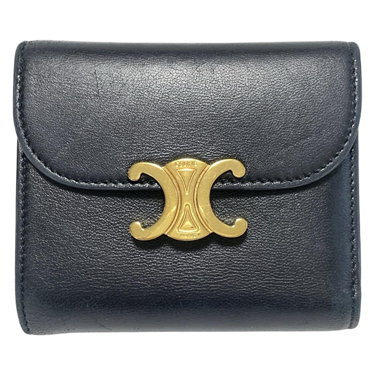【中古】CELINE(セリーヌ) スモール トリオンフ ウォレット 3つ折り財布 黒×ゴールド レザー