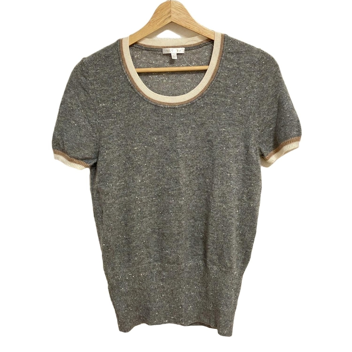 【中古】PAULEKA(ポールカ) 半袖セーター クルーネック/カシミヤ混 グレー×白×ブラウン(4)
