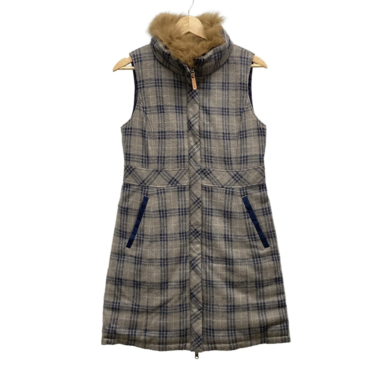 【新着】【中古】PaulStuart(ポールスチュアート) ダウンベスト フォックス/フェイクレザー/リバーシブル/ロング丈/チェック柄/SPORT/秋/冬 グレーベージュ×ダークネイビー×マルチ