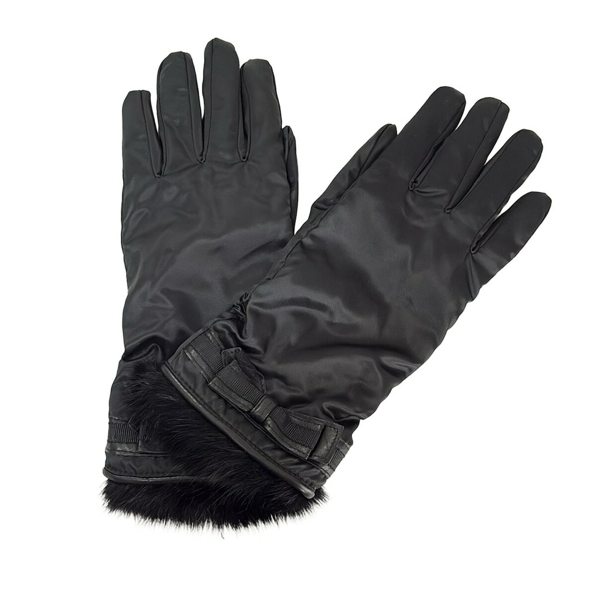 【新着】【中古】LANVIN(ランバン) 手袋 リボン 黒 レザー、ファー