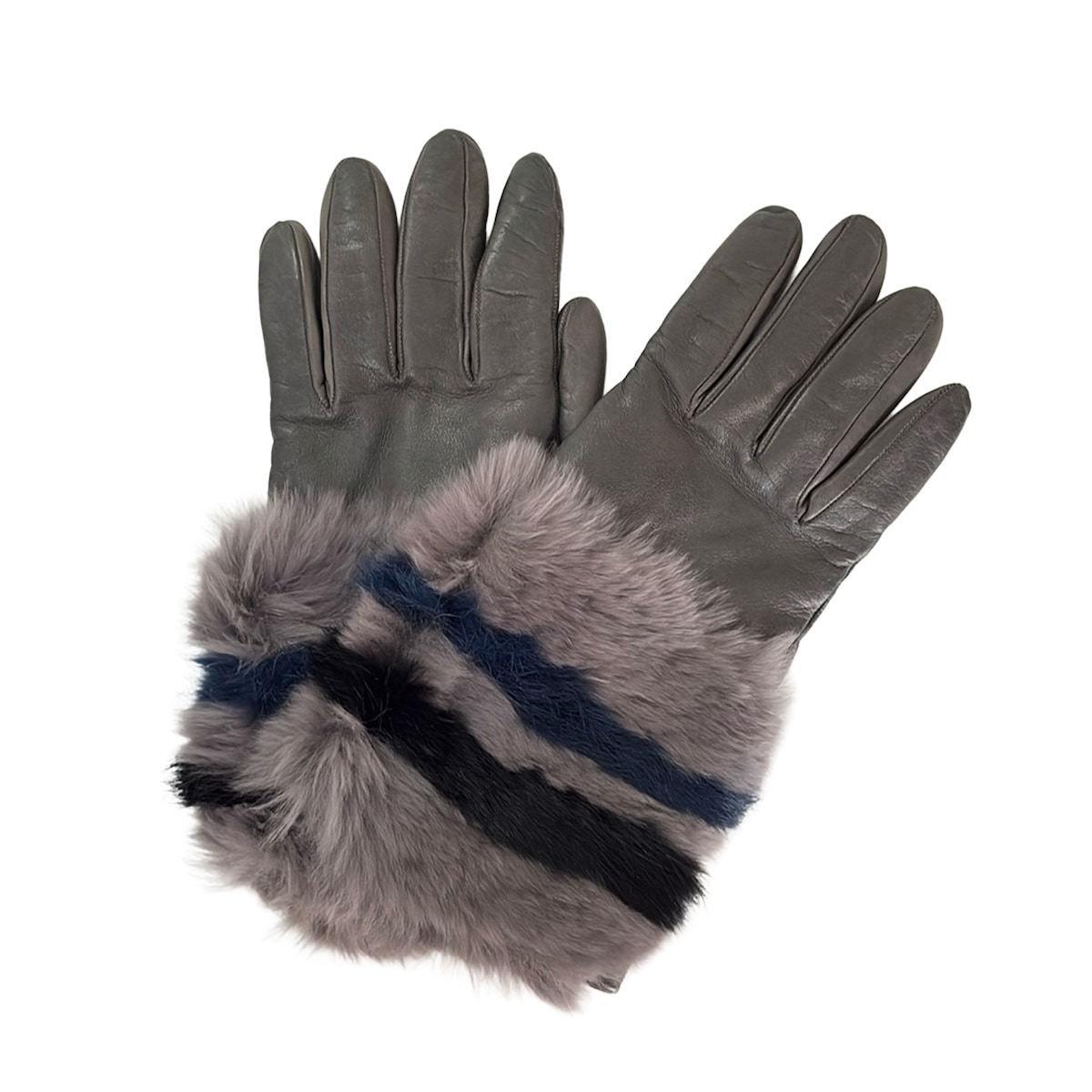 【中古】ALPO(アルポ) 手袋 ダークグレー×ネイビー×黒 カシミヤ、レザー、ファー