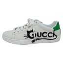 【新着】【中古】GUCCI(グッチ) エース スニーカー ネコ/インソール取外し可 白×黒×グリーン レザー