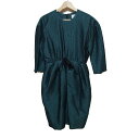 【新着】【中古】LANVIN en Bleu(ランバンオンブルー) ワンピース クルーネック/七分袖/ひざ丈/フラワー(花)/ブローチ ダークグリーン×グリーン