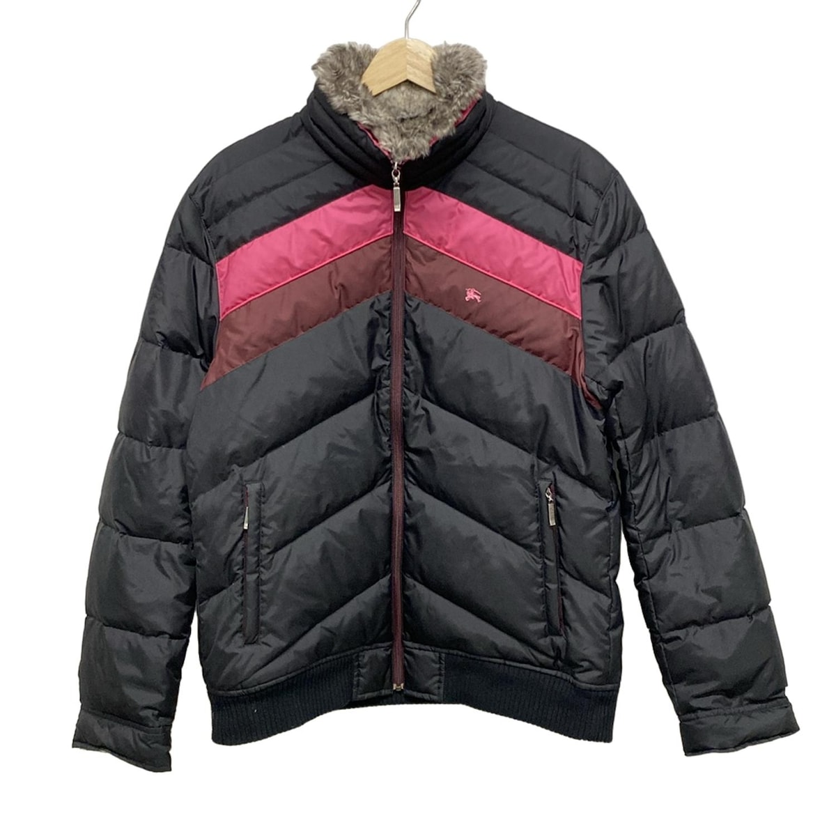 【新着】【中古】Burberry Black Label(バーバリーブラックレーベル) ダウンジャケット 長袖/ラビット(ラパン)/ジップアップ/ファー着脱可/冬 黒×ピンク×ボルドー