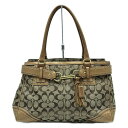 【中古】COACH(コーチ) ハンプトンズシグネチャーラージキャリーオール ショルダーバッグ カーキ×ライトブラウン レザー
