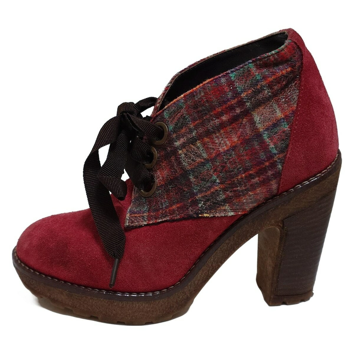 【中古】ANNA SUI(アナスイ) ブーティ チェック柄 ボルドー×ダークブラウン×黒 ウール