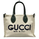 【中古】GUCCI(グッチ) GUCCI プリント スモール トートバッグ トートバッグ 日本限定 アイボリー×ダークグリーン コットン、リネン、レザー