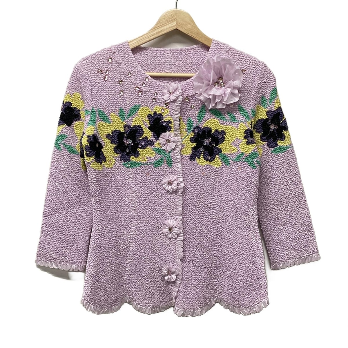 極美品【ノコオーノ】プリーツ リボンモチーフ ノーカラージャケット Aライン42 極美品【ノコオーノ】プリーツ リボンモチーフ ノーカラー