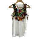 【中古】Desigual(デシグアル) ノースリーブカットソー クルーネック/花柄/ラインストーン 白×ダークグリーン×マルチ