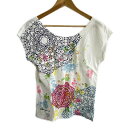 【中古】Desigual(デシグアル) ノースリーブカットソー クルーネック/スパンコール/ビーズ 白×ピンク×マルチ