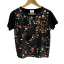【中古】LANVIN en Bleu(ランバンオンブルー) 半袖カットソー クルーネック/花柄/リボン 黒×ピンク×マルチ