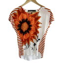 【中古】Desigual(デシグアル) 半袖カットソー クルーネック/花柄/ボーダー オレンジ×白×マルチ