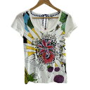 【中古】Desigual(デシグアル) 半袖カットソー クルーネック/スパンコール/ビーズ/花柄/刺繍 白×レッド×マルチ