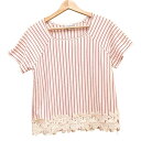 【中古】JOCOMOMOLA(ホコモモラ) 半袖カットソー ストライプ/レース アイボリー×レッド