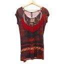 【中古】Desigual(デシグアル) 半袖カットソー フリンジ ダークブラウン×ボルドー×マルチ