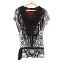 【中古】Desigual(デシグアル) 半袖カットソー フリンジ 黒×グレー×マルチ