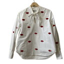 【中古】VALENTINO(バレンチノ) 長袖カットソー ボウタイ/リップ柄/スパンコール 白×レッド