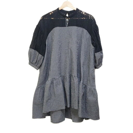 【新着】【中古】COEL(コエル) チュニック 半袖/チェック柄/レース 黒×白 【新着】【中古】COEL(コエル) チュニック 半袖/チェック柄/レース 黒×白