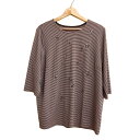 【中古】Leilian(レリアン) 七分袖Tシャツ クルーネック/ボーダー/刺繍/ラインストーン ベージュ×黒
