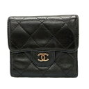 【中古】CHANEL(シャネル) マトラッセ Wホック財布 黒 ラムスキン