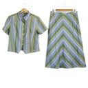 【中古】Aquascutum(アクアスキュータム) スカートセットアップ ストライプ/肩パッド ブルー×ライトブルー×イエローグリーン