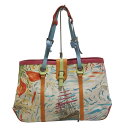 【中古】LONGCHAMP(ロンシャン) トートバッグ 花柄 アイボリー×ブルー×マルチ レザー