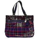 【中古】COACH(コーチ) ショルダーバッグ チェック柄 パープル×レッド×マルチ レザー