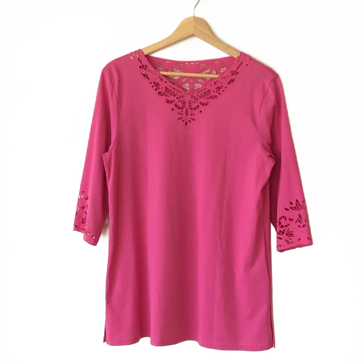 【中古】YUKITORII(ユキトリイ) チュニック 七分袖/パンチングレース ピンク