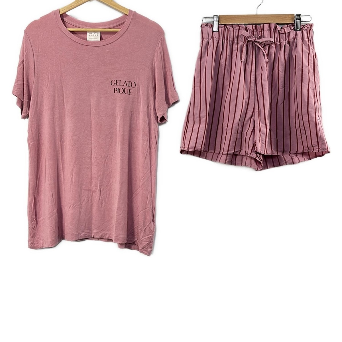 【中古】gelato pique(ジェラートピケ) レディースパンツセットアップ ストライプ/イチゴ柄 ピンク×ボルドー