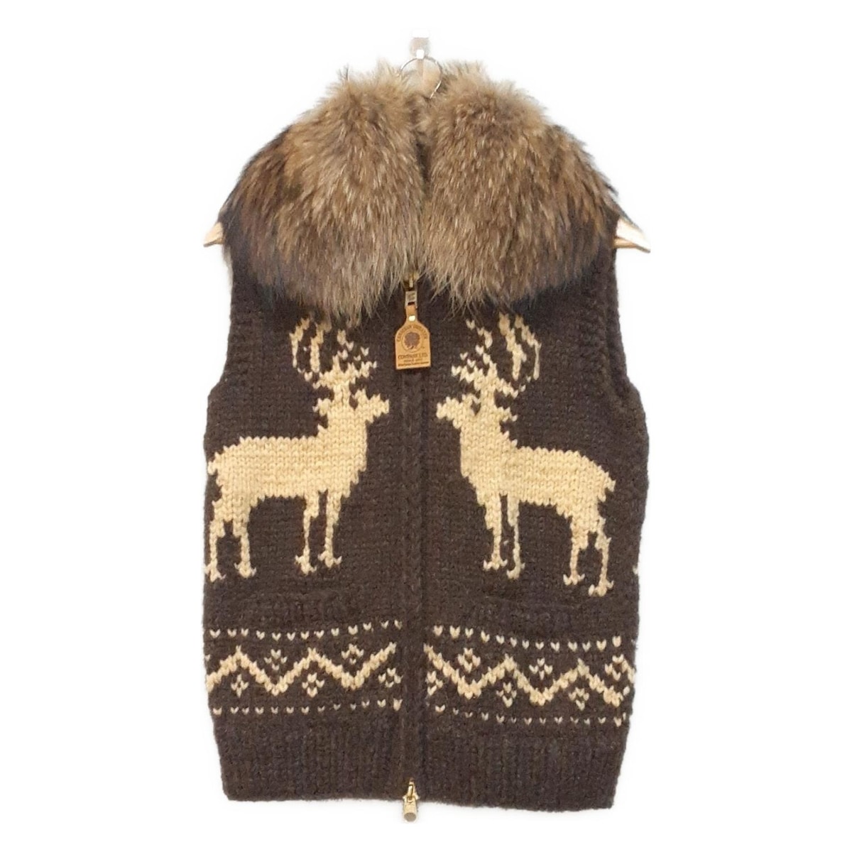 【中古】CANADIAN SWEATER(カナディアンセーター) ベスト ニット/ジップアップ ダークブラウン×ベージュ