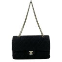 【中古】CHANEL(シャネル) ダブルフラップマトラッセ ショルダーバッグ マドモアゼルチェーン/シルバー金具 黒 コットン
