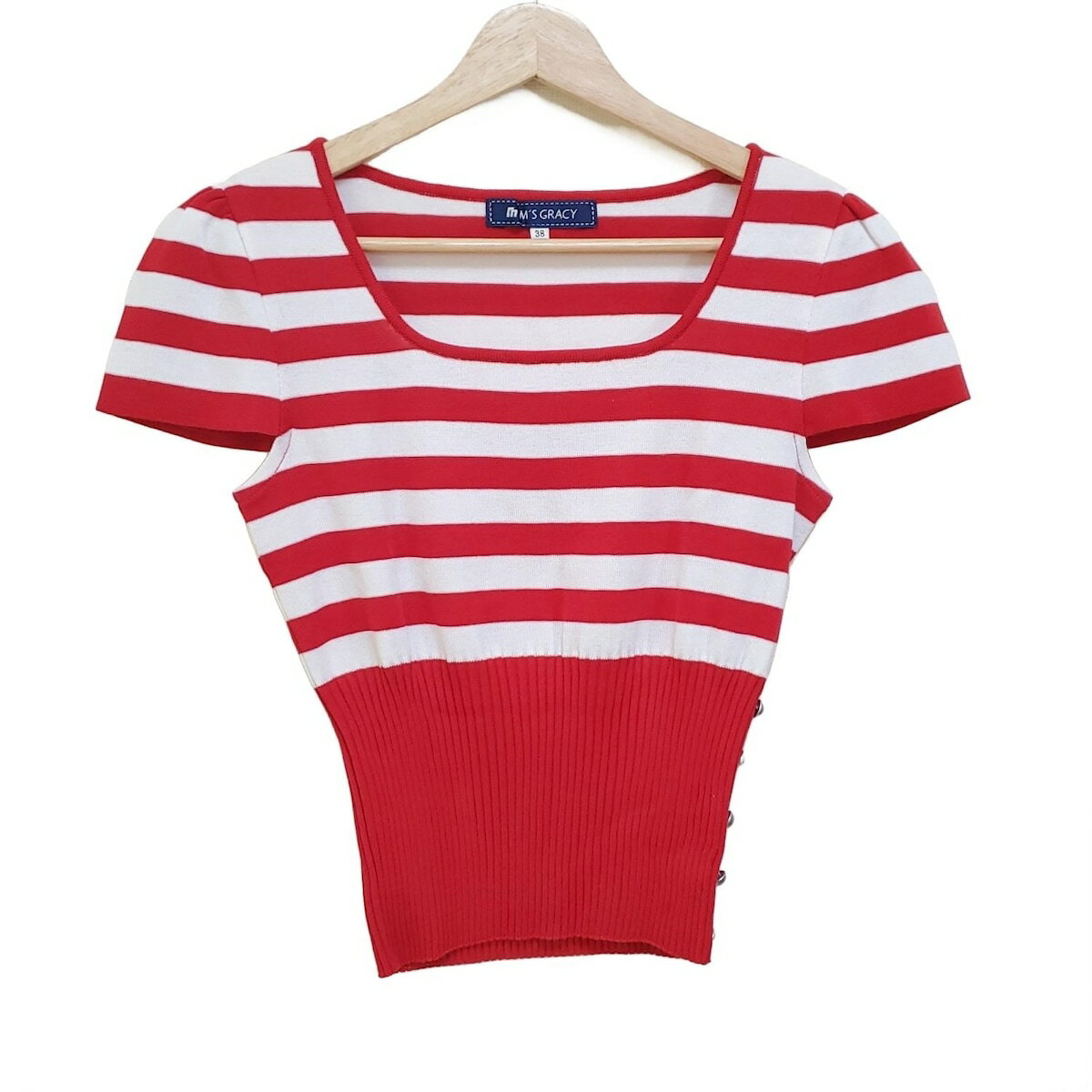 【中古】M'S GRACY(エムズグレイシー) 半袖セーター クルーネック/ボーダー レッド×白