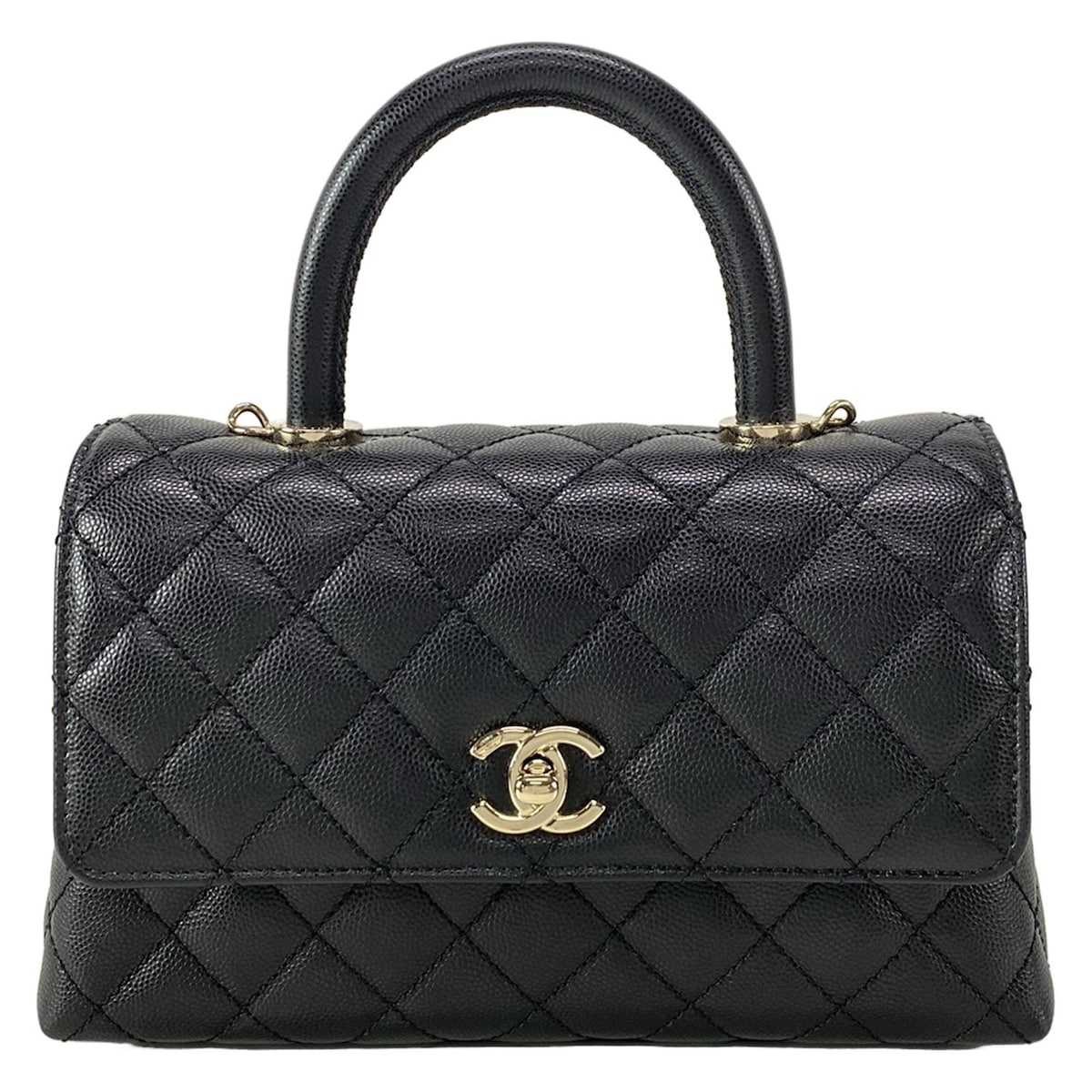 【中古】CHANEL(シャネル) スモール トップハンドル フラップ バッグ/マトラッセ/ココハンドルXS ハンドバッグ ゴールド金具/メタルシリアルプレート 黒のサムネイル
