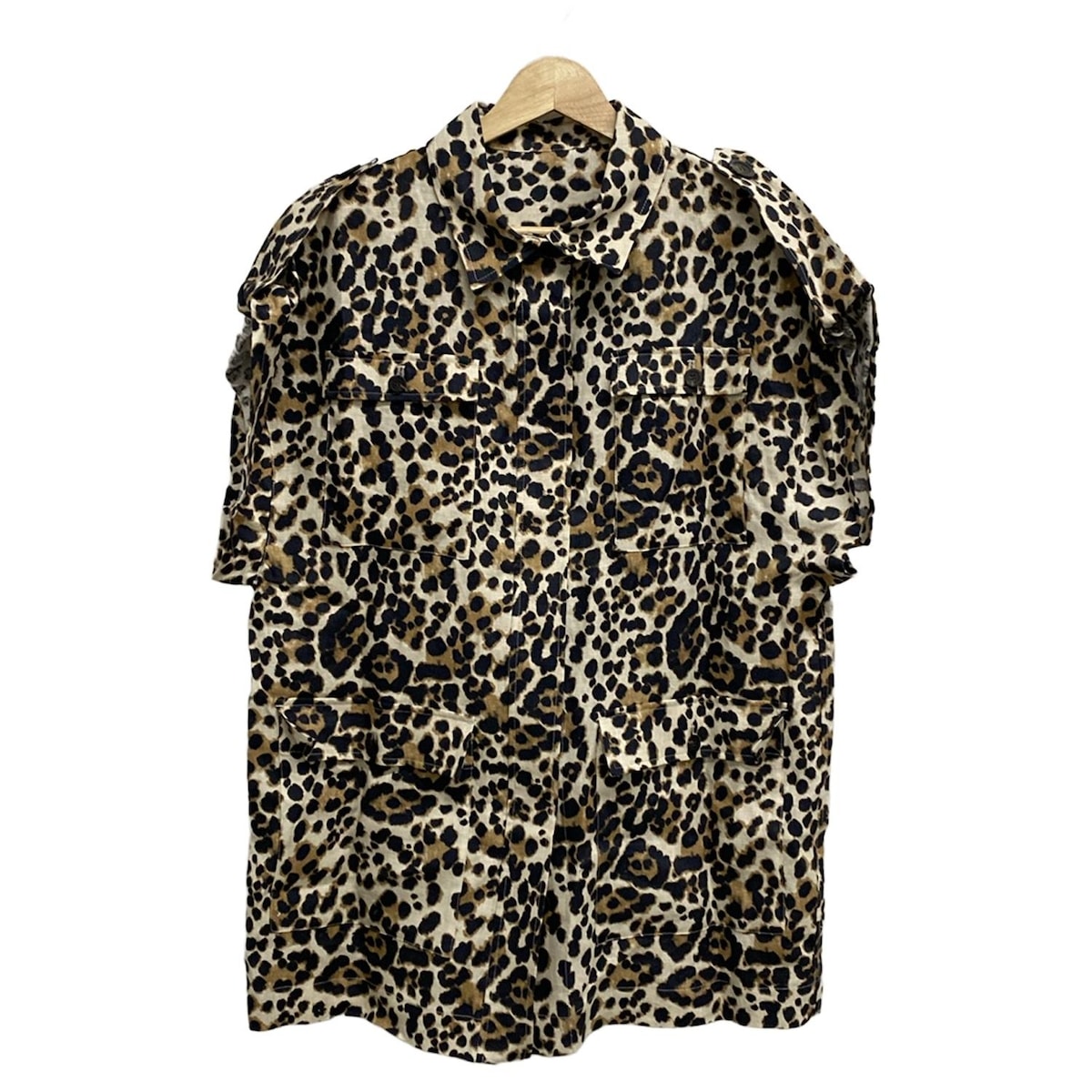 【中古】whim gazette(ウィムガゼット) チュニック レギュラーカラー/半袖/麻/豹柄 アイボリー×黒×ダークブラウン