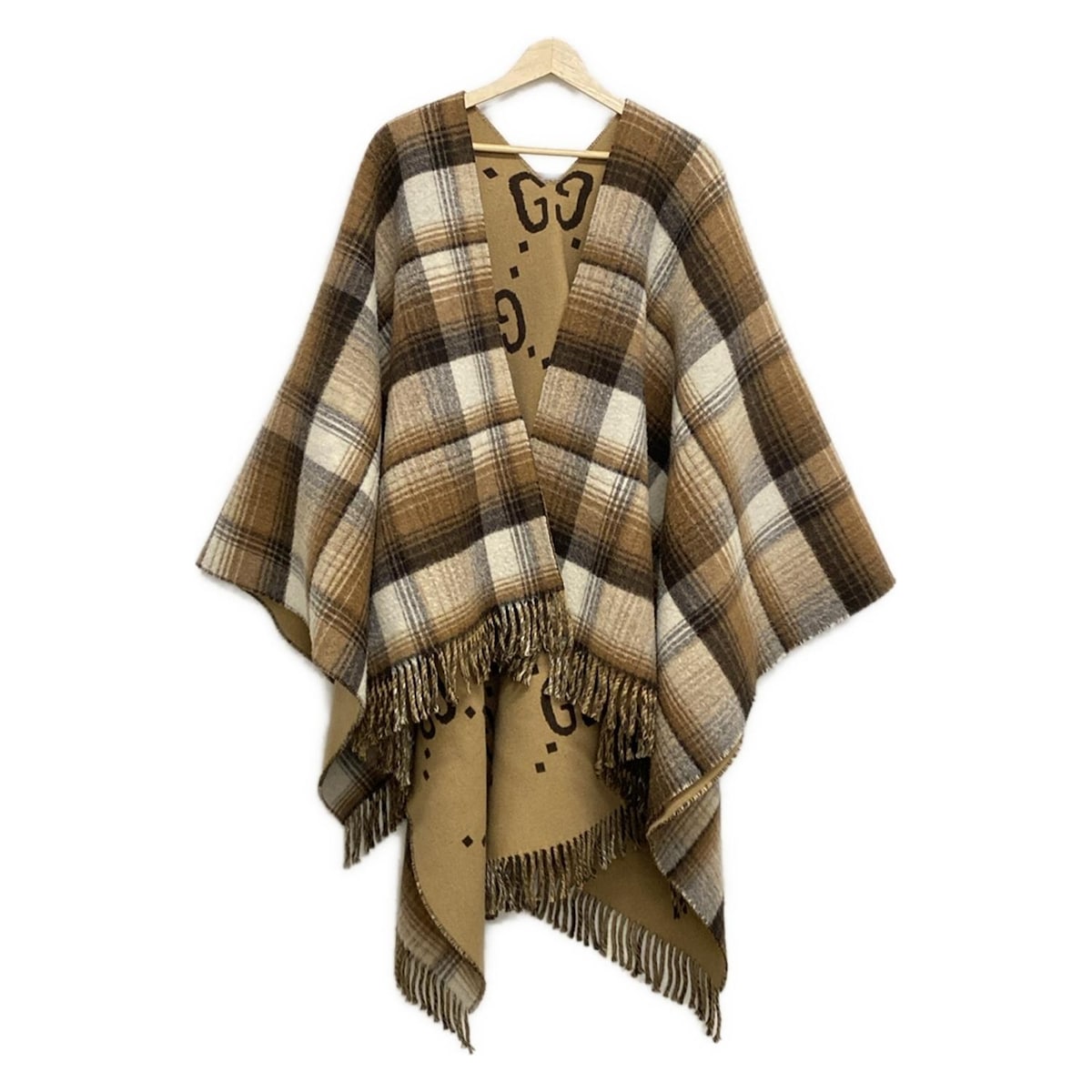 【中古】GUCCI(グッチ) ストール(ショール) リバーシブル/チェック柄/ケープ/大判/GGウール ブラウン×ダークブラウン×マルチ ウールのサムネイル