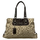 【中古】COACH(コーチ) アシュリーシグネチャーサテンキャリーオール ハンドバッグ ベージュ×ダークブラウン レザー