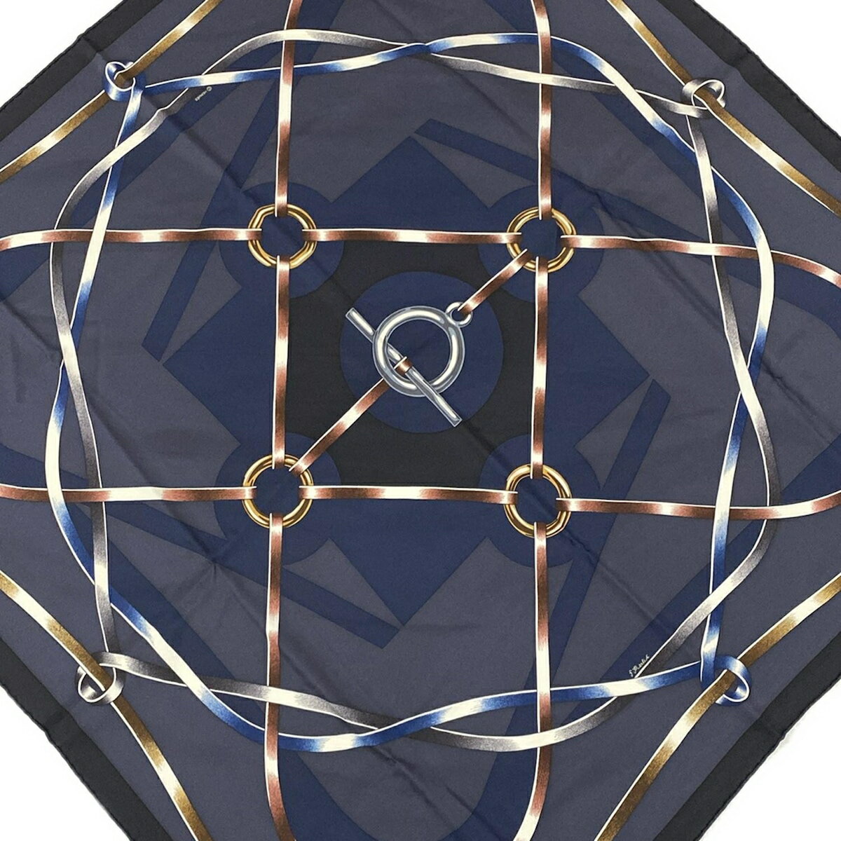 【中古】HERMES(エルメス) カレ90 スカーフ 黒×ネイビー×マルチのサムネイル