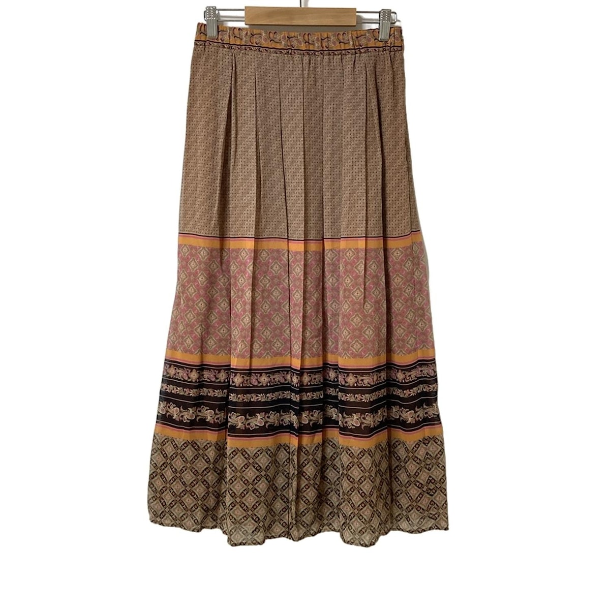 【中古】Sybilla(シビラ) ロングスカート シルク/ウエストゴム/プリーツ ピンク×ダークブラウン×マルチ
