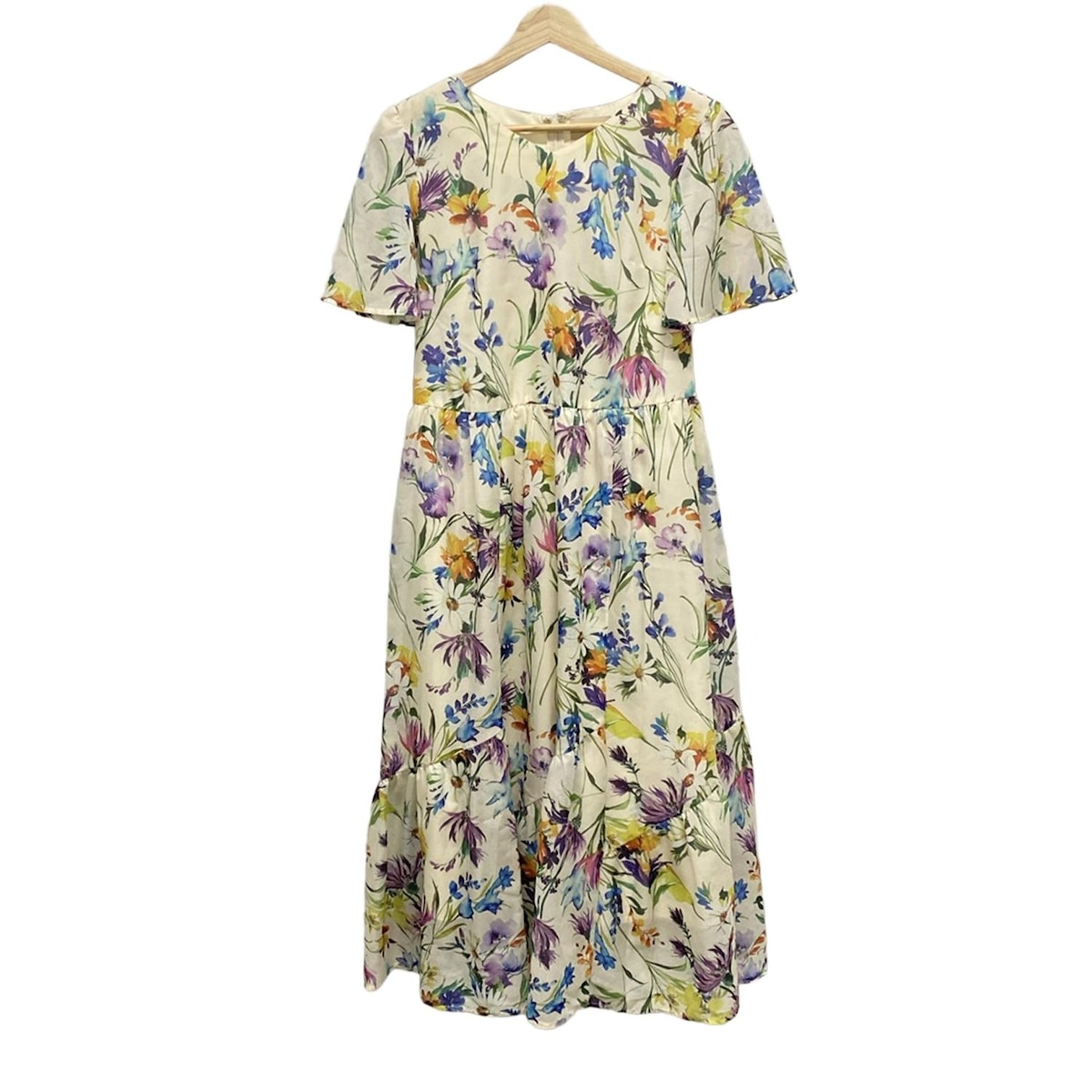 【中古】Rose Tiara(ローズティアラ) ワンピース Vネック/半袖/ロング/花柄 アイボリー×グリーン×マルチ